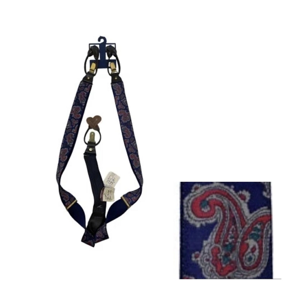 VTG Pelican Blue & Red Paisley Convertible Suspenders Braces Button Attach NWT